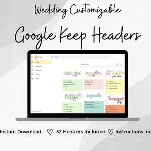 Può includere: Uno schermo di laptop che mostra una pagina di note di Google Keep con intestazioni colorate per diverse categorie, come "Lista dei desideri", "Bollette" e "Urgente". Il testo "Intestazioni Google Keep personalizzabili per matrimoni" è visualizzato sopra il laptop.