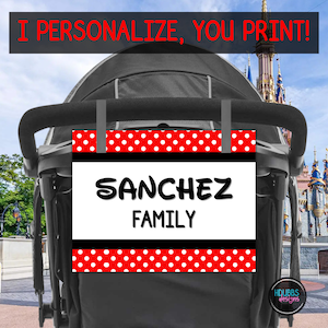 Theme park baby stroller tag, family last name child stroller sign, vacation stroller identifier, holiday stroller flag for parents