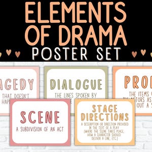 Elements of Drama posters BOHO Theme, Theatre Vocabulary bulletin board signs, Parts of a Play terms