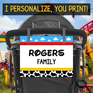 Theme park baby stroller tag, family last name child stroller sign, vacation stroller identifier, holiday stroller flag for parents