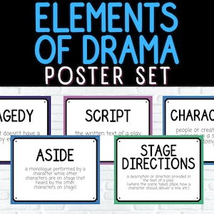 Carteles de elementos de drama, carteles de vocabulario teatral, términos de partes de una obra imagen 1