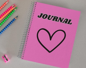 Cuaderno espiral con corazón rosa y negro, regalos para ella, diario rosa sencillo, bonito cuaderno rosa, cuaderno de papel rayado rosa brillante