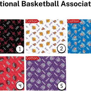 May include: The image displays five fabric patterns featuring NBA team logos. The patterns include the Houston Rockets, Los Angeles Lakers, Oklahoma City Thunder, Portland Trail Blazers, and Sacramento Kings. Each pattern is labeled with the word "Cotton". The text "National Basketball Association" is at the top.