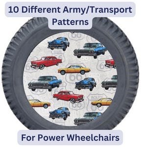 Powerchair Spoke Stylers fit 14”x3” rear drive wheel with 3 or 5 spokes. Set of 2 Army covers can be custom fit to any electric wheelchair