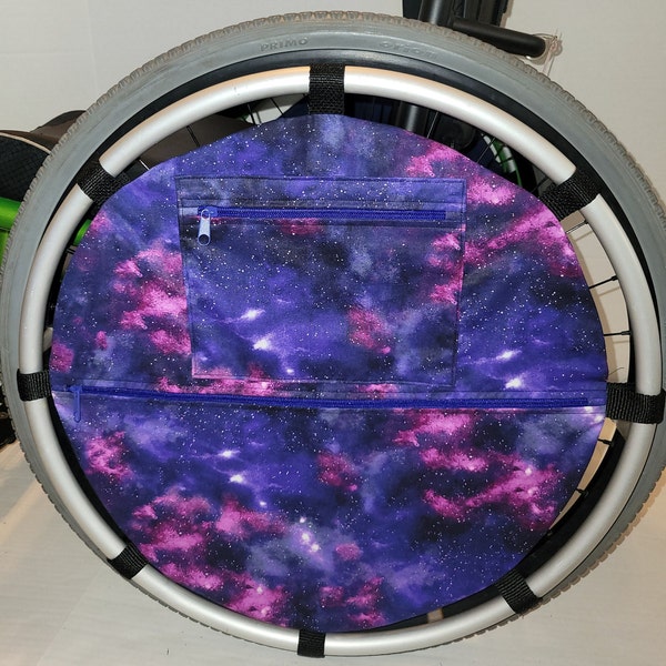 Wheelchair wheel bag, Pouch zipper pockets add storage, Fits 24 inch wheels. Personalized Wheelbag, Custom sizes available, Purple Galaxy