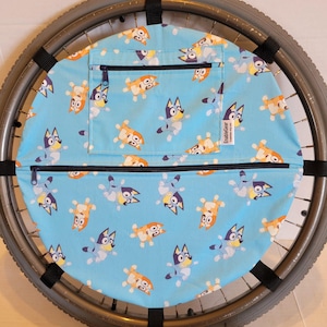 Wheelchair wheel bag, Pouch zipper pockets adds storage for manual wheels. Personalized Wheelbag Custom sizes available, dog cartoon gift
