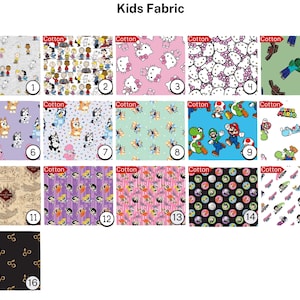 May include: A collection of cotton fabric swatches with various colorful patterns. Designs include cartoon characters, video game themes, and other kid-friendly motifs. The text "Kids Fabric" is at the top.