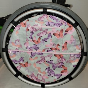 Wheelchair wheel bag, Pouch zipper pockets add storage, Fits 24 inch wheels. Personalized Wheelbag, Custom sizes available, Purple Butterfly