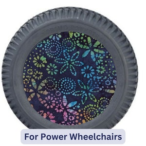 Power Chair Spoke Stylers fit 14”x3” rear drive wheel with 3 or 5 spokes. These flower covers can be custom fit to your electric wheelchair