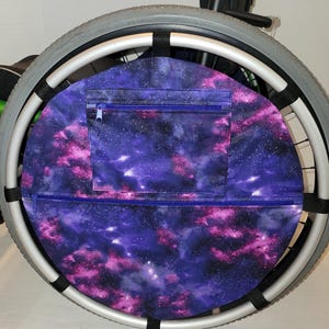 Wheelchair wheel bag, Pouch zipper pockets add storage, Fits 24 inch wheels. Personalized Wheelbag, Custom sizes available, Purple Galaxy