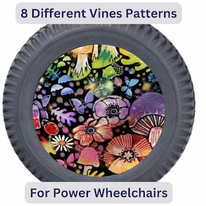 Op de afbeelding: Een zwarte band met een kleurrijk ontwerp met paddenstoelen, bloemen, vlinders en lieveheersbeestjes. De tekst "8 Different Vines Patterns" en "For Power Wheelchairs" staat op de afbeelding.
