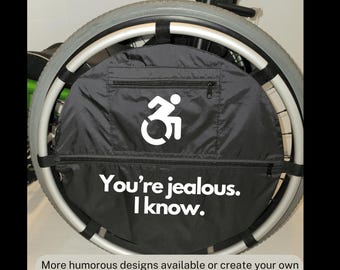 Wheelchair wheel bag, Pouch zipper pockets add storage, Fits 24 inch wheel. Custom sizes available, Nylon or cotton wheelbag with Vinyl