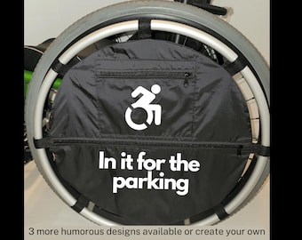 Wheelchair wheel bag, Pouch zipper pockets add storage, Fits 24 inch wheel. Custom sizes available, Nylon or cotton wheelbag Vinyl humor