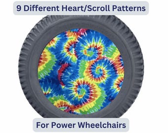 Powerchair Spoke Stylers fit 14”x3” rear drive wheel with 3 or 5 spokes. Set of 2 Heart covers can be custom fit to any electric wheelchair