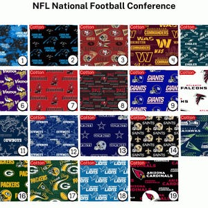 May include: A collection of cotton fabric swatches featuring NFL team logos and colors. Teams include the Carolina Panthers, San Francisco 49ers, Washington Commanders, Philadelphia Eagles, Minnesota Vikings, Tampa Bay Buccaneers, New York Giants, Atlanta Falcons, Dallas Cowboys, New Orleans Saints, Seattle Seahawks, Green Bay Packers, and Arizona Cardinals.