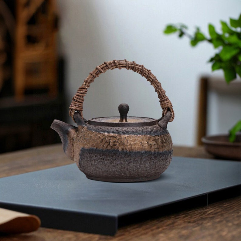 Rustic Ceramic Teapot With Rattan Handle, Handmade Retro Textured Tea Maker, Housewarming and