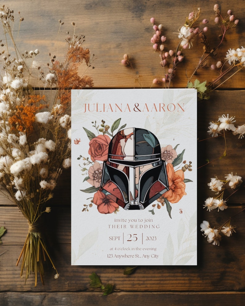 Invitación de boda de Star Wars y plantilla de confirmación de asistencia, invitación de boda floral imprimible con detalles de confirmación de asistencia con código QR, edite fácilmente con Canva. imagen 2