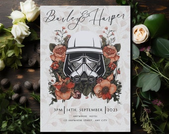 Star Wars Wedding Invitation & RSVP Template, light, Floral, Printable Wedding Invitation with QR Code RSVP Details, easily edit with Canva.
