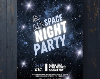 Unique Space Themed Party Template | minimal space party, unique design, soft colors, printable template, Easily edit with canva.