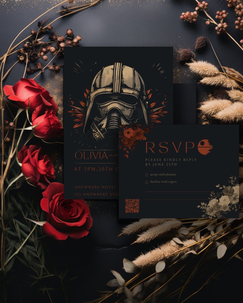 Star Wars Wedding Invitation & RSVP Template, Minimalist, Printable Wedding Invitation with QR Code RSVP Details, easily edit with Canva.