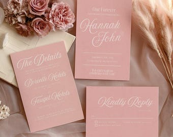Blush Pink Wedding Invitation Suite | Editable Canva Template with RSVP & Details Card | Modern Calligraphy Printable Set