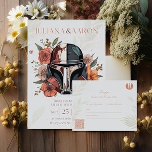 Invitación de boda de Star Wars y plantilla de confirmación de asistencia, invitación de boda floral imprimible con detalles de confirmación de asistencia con código QR, edite fácilmente con Canva. imagen 1