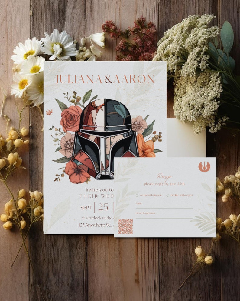 Modèle RSVP et faire-part de mariage Star Wars, faire-part de mariage floral imprimable avec les détails RSVP du code QR, à modifier facilement avec Canva. image 1