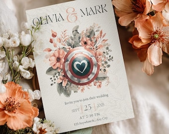 Captain America Wedding Invitation Template with RSVP | Superhero Floral Canva Editable | Marvel-Inspired Wedding Invite