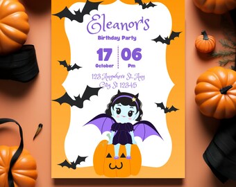 Modèle d’invitation à une fête sur le thème d’Halloween pour enfants | Orange et noir minimal, invitation imprimable, invitation d’anniversaire pour enfants, éditez facilement avec Canva.