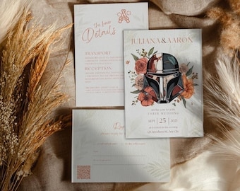 Star Wars Wedding Invitation & RSVP Template, Floral, Printable Wedding Invitation with QR Code RSVP Details, easily edit with Canva.