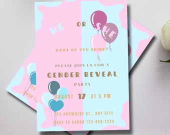 Minimal Gender Reveal invite, Baby Gender Reveal Party Invitation, Baby minimalist, baby blue and pink, he or she, easily edit with Canva