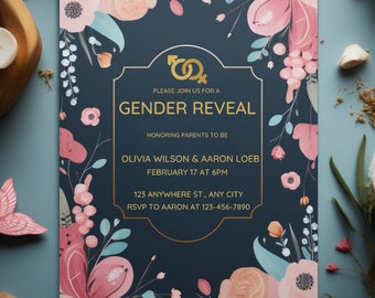 Gender Reveal Invite Template | gold, minimal, boy or girl, minimal gender reveal party template, blue and pink, easily edit with Canva