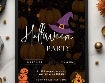 Plantilla de invitación a fiesta temática de Halloween / Invitación imprimible mínima en naranja y negro con un tema básico, edite fácilmente con Canva.