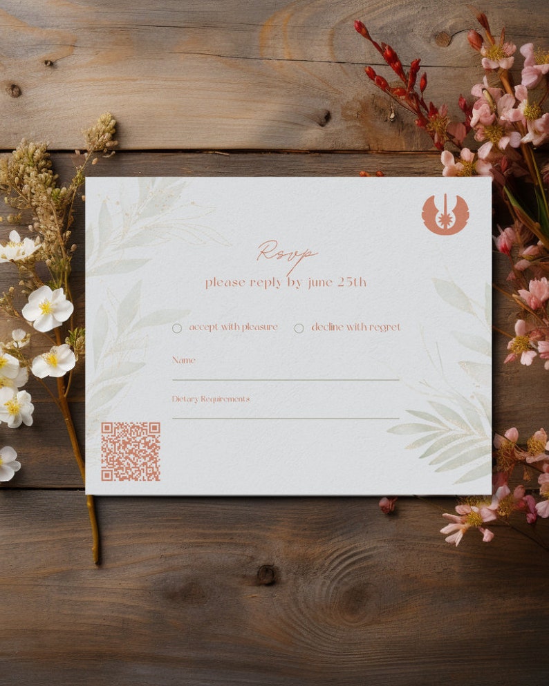Invitación de boda de Star Wars y plantilla de confirmación de asistencia, invitación de boda floral imprimible con detalles de confirmación de asistencia con código QR, edite fácilmente con Canva. imagen 3