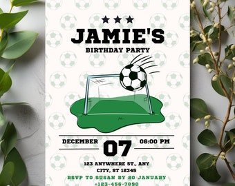 Soccer sports Themed Party Invitation | birthday party, minimal, clean, printable invitation with a basic theme, Easily edit with Canva.