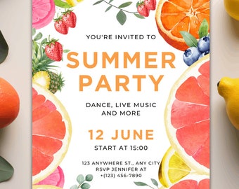 Plantilla de invitación a fiesta con temática de verano vibrante / Invitación digital, imprimible, de diseño simple y frutal que es fácil de personalizar con Canva.