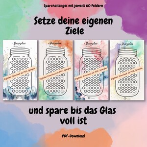 May include: Four digital download jar-shaped savings trackers with 60 fields each. Each jar has a different watercolor background. Text includes "Set your own goals" and "and save until the jar is full."