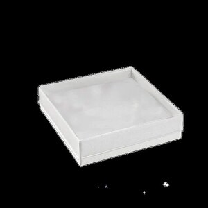 May include: A white square box with a clear plastic lid. The box is empty.
