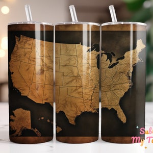 Vintage USA Map Tumbler Wrap Schwarz und Kupfer 20 Unzen Skinny Tumbler Sublimation Design Gerade und konische Tumbler Wrap Digitaler Download PNG