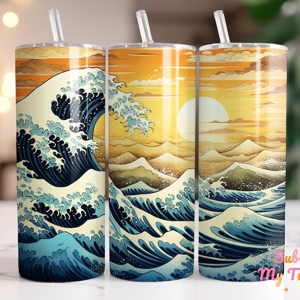 The Great Wave Tumbler Wrap Sunset Japanese Art PNG 20oz Skinny Tumbler Sublimation Straight And Tapered Tumbler Wrap Digital Download PNG