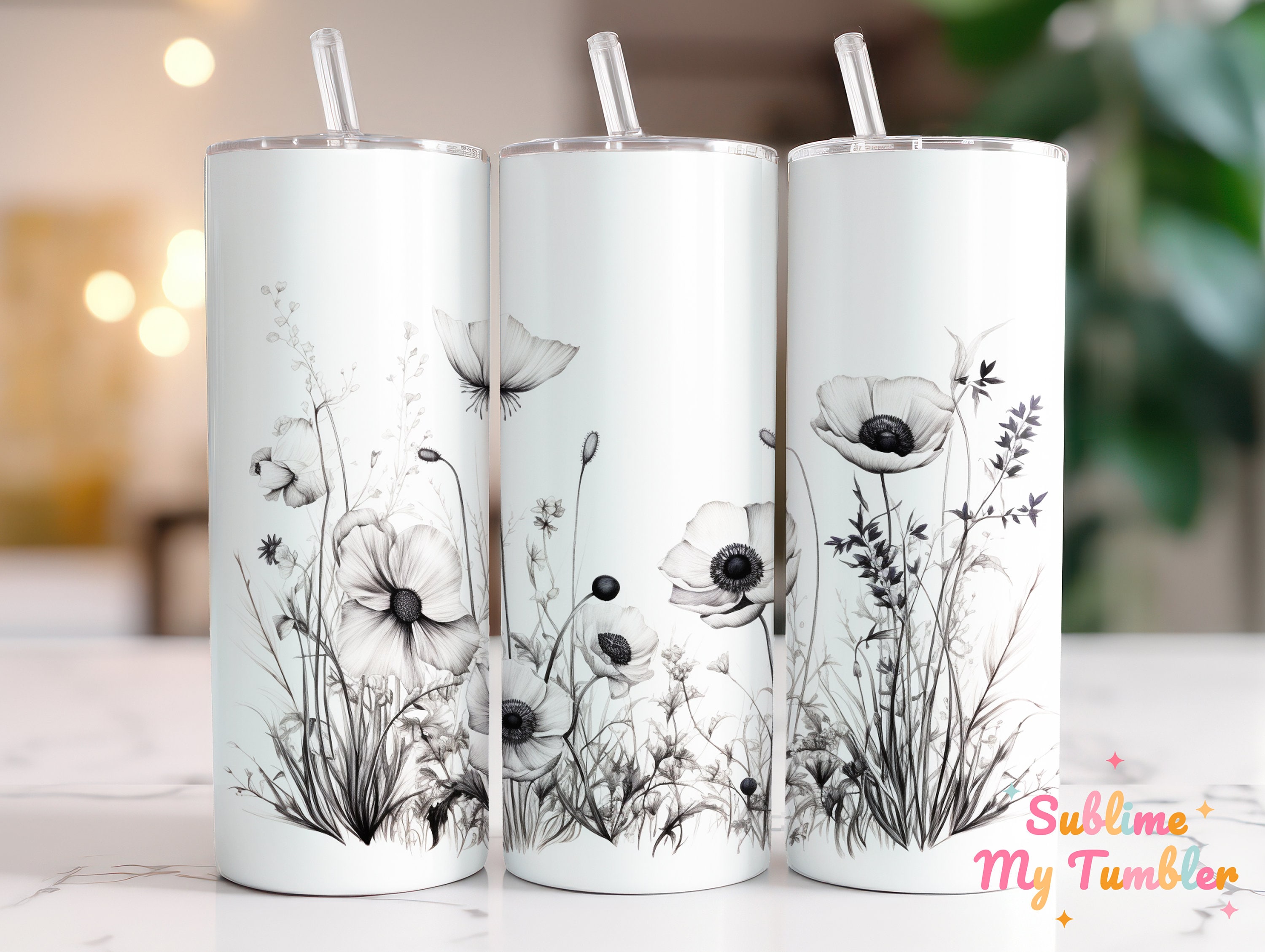 Schwarz Weiß Wildflower Tumbler Wrap Blume 20 Unze Skinny Tumbler Sublimation Design Gerade und konische Tumbler Wrap Digitaler Download PNG