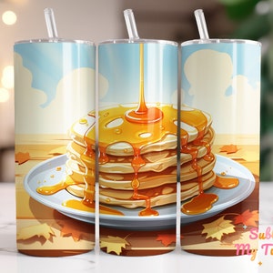 Pfannkuchen Tumbler Wrap Pfannkuchen mit Ahornsirup 20 Unzen Skinny Tumbler Sublimation Design Gerade und konische Tumble Wrap Digitaler Download PNG