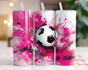 Envoltura para vaso de fútbol, balón de fútbol rosa, vaso delgado de 20 oz, diseño de sublimación, envoltura para vaso recto y cónico, descarga digital PNG