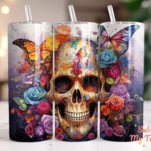 Colorful Skull And Flowers Tumbler Wrap Halloween 20oz Skinny Tumbler Sublimation Design Straight And Tapered Tumbler Wrap Digital Download