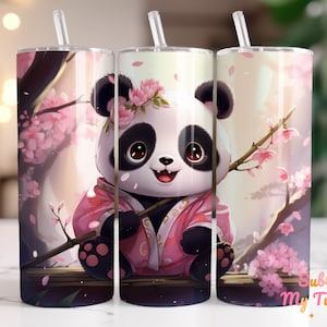 Envoltura para vaso con diseño de panda feliz en kimono rosa, diseño de sublimación de vaso delgado de 20 oz, diseño recto y cónico, descarga digital PNG