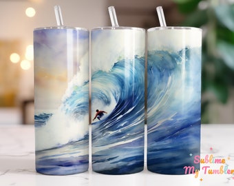 Surfing Tumbler Wrap Surfer Riding A Big Wave 20oz Skinny Tumbler Sublimation Design Straight And Tapered Tumbler Wrap Digital Download PNG