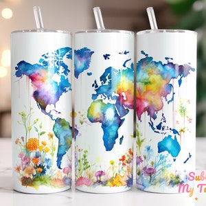Floral Weltkarte Tumbler Wrap Karte Aquarell 20 Unzen Skinny Tumbler Sublimation Design Gerade und konische Tumbler Wrap Digitaler Download PNG