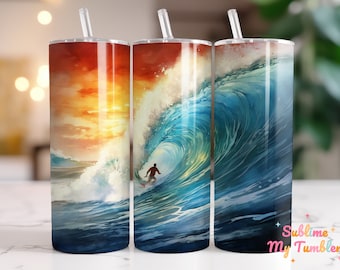 Surfista hawaiano surfeando una gran ola. Vaso delgado de 20 oz. Diseño de sublimación. Recto y cónico. Descarga digital PNG.