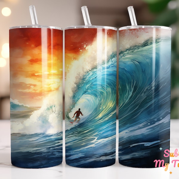 Hawaiian Surfer Surfing A Big Wave 20oz Skinny Tumbler Sublimation Design, Straight & Tapered Tumbler Wrap, Instant Digital Download PNG
