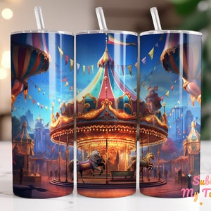 Carnival Tumbler Wrap Carousel Amusement Ride 20oz Skinny Tumbler Sublimation Design Straight And Tapered Tumbler Wrap Digital Download PNG